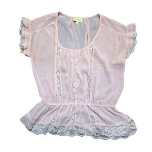 Princess Vera Wang Pink Lace Trim Peplum Blouse Women's Size Medium Sheer